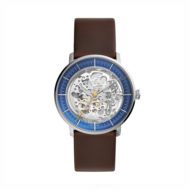 【Fossil】Chase鏤空機械時尚真皮摩登腕錶-低調藍/ME3162