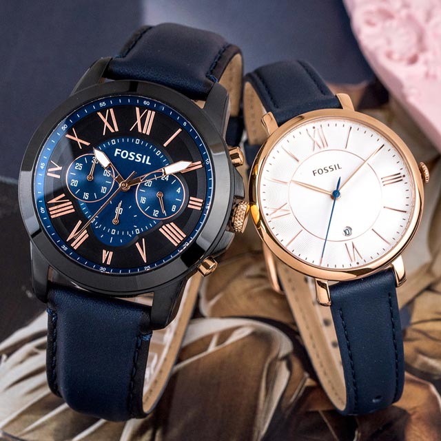 【FOSSIL】公司貨 流星皮革情人對錶/藍x藍 (FS5061+ES3843)