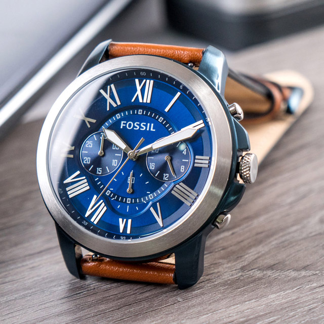 【FOSSIL】公司貨 Grant 雅痞風範三眼計時皮革腕錶/咖啡x藍面 男錶 (FS5151)