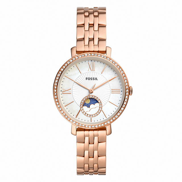 【FOSSIL】公司貨 Jacqueline 日月相晶鑽不鏽鋼腕錶/玫瑰金x白面 女錶(ES5165)