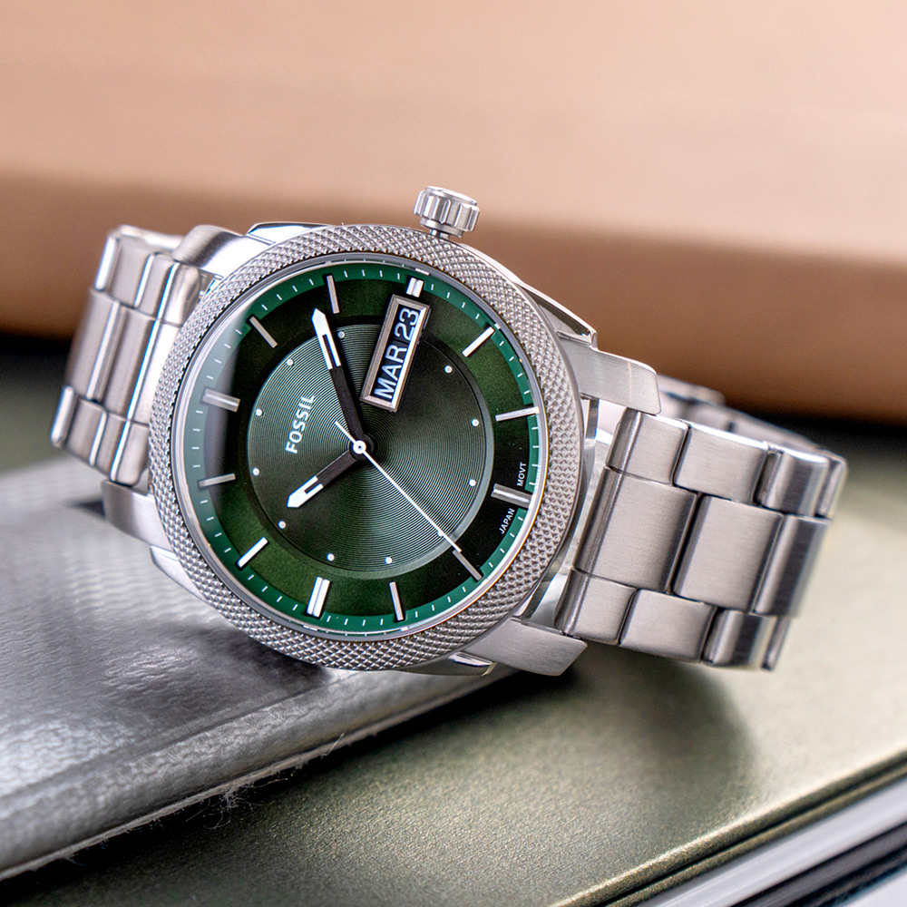 【FOSSIL】公司貨 Machine 鋼鐵質感時尚不鏽鋼腕錶/銀x綠面 男錶(FS5899)