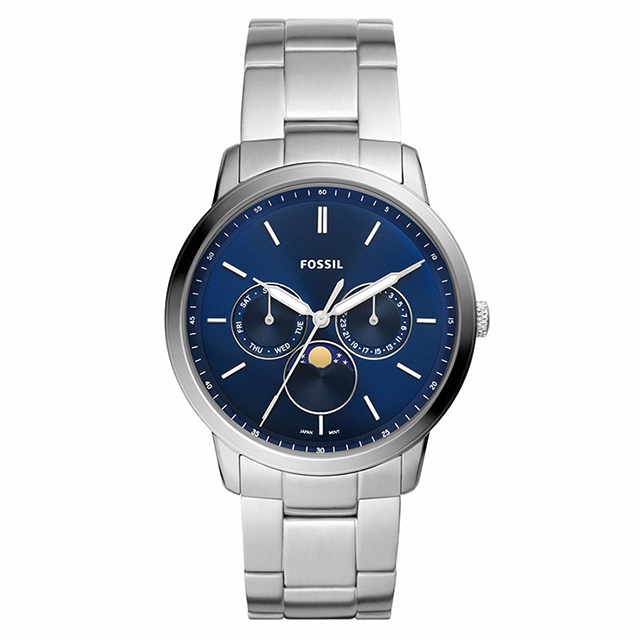 【FOSSIL】公司貨 Neutra Minimalist 商務型男三眼月相不鏽鋼腕錶/銀x藍面 男錶(FS5907)