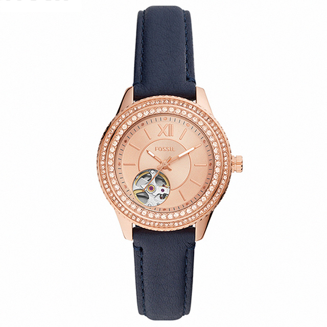 【FOSSIL】公司貨 Stella 雙圈晶鑽鏤空機械皮革腕錶/藍x玫瑰金框 女錶(ME3212)