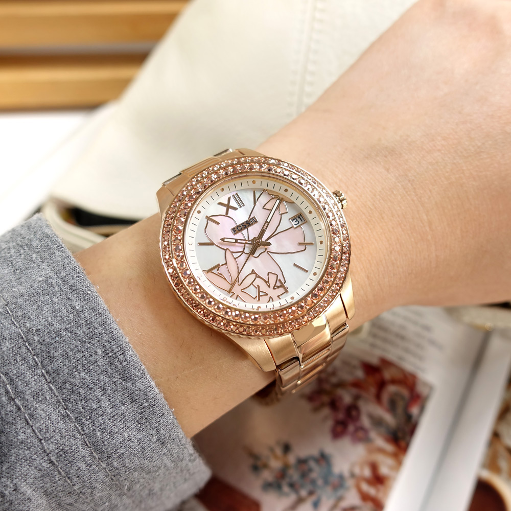 FOSSIL / ES5192 / Stella 珍珠母貝 花樣風采 日期 不鏽鋼手錶 銀白x鍍玫瑰金 38mm