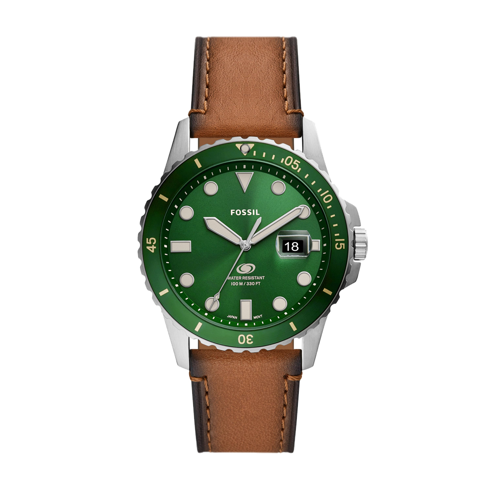 FOSSIL 個性型男皮革時尚腕錶-咖啡X綠