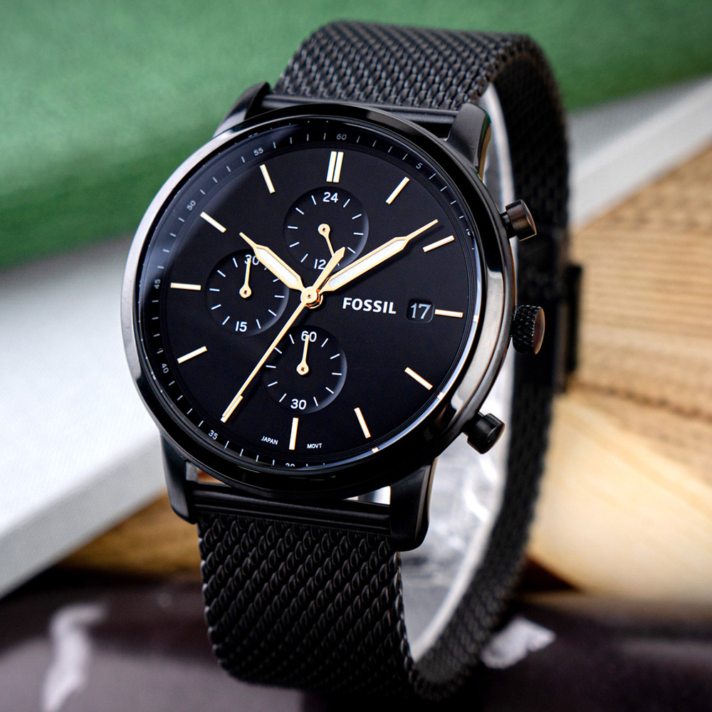 【FOSSIL】公司貨 Bronson 耀黑時尚三眼計時不鏽鋼米蘭腕錶/黑 男錶(FS5943)