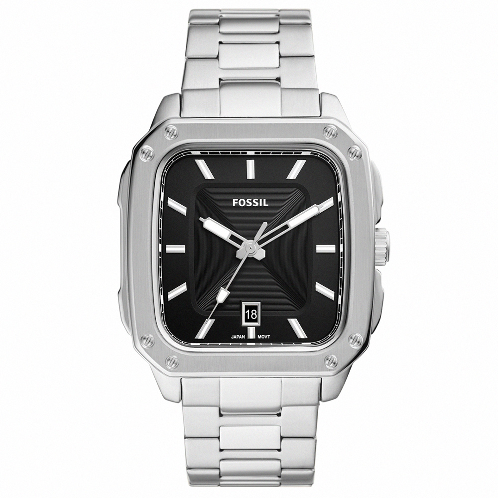 【FOSSIL】公司貨 方形科技都會不鏽鋼腕錶/銀x黑框 男錶(FS5933)