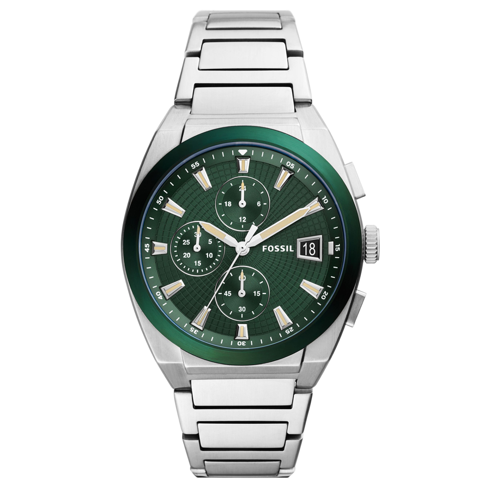 【FOSSIL】公司貨 簡約率性三眼計時不銹鋼腕錶/銀x綠面 男錶(FS5964)