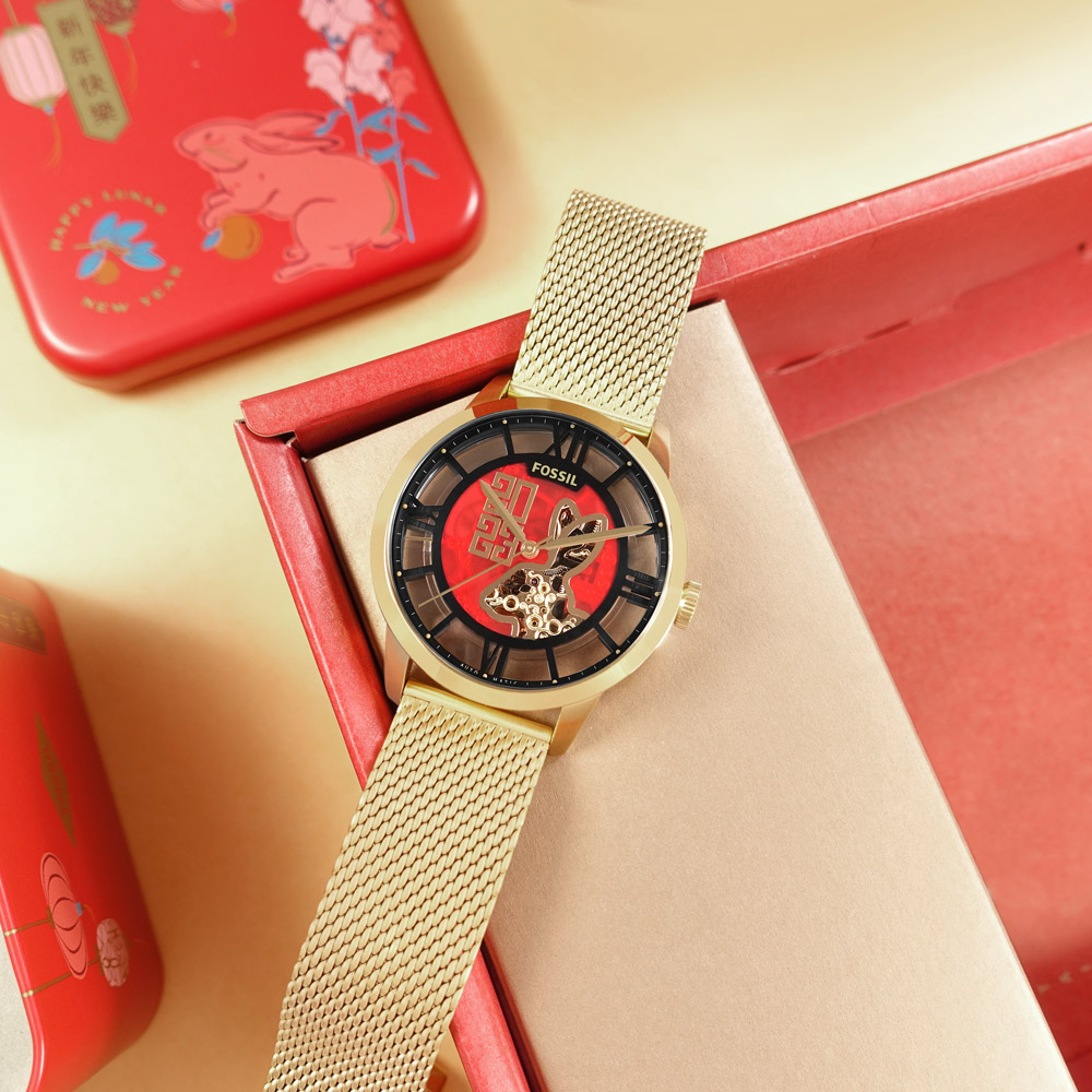 FOSSIL / ME3240 / 2023兔年新春款 機械錶 自動上鍊 鏤空 米蘭編織不鏽鋼手錶 紅x鍍金 44mm