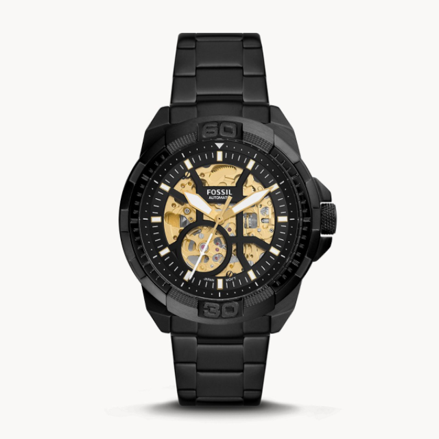 【Fossil】Bronson全霧面科技感簍空機械式不銹鋼腕錶-武士黑/ME3217