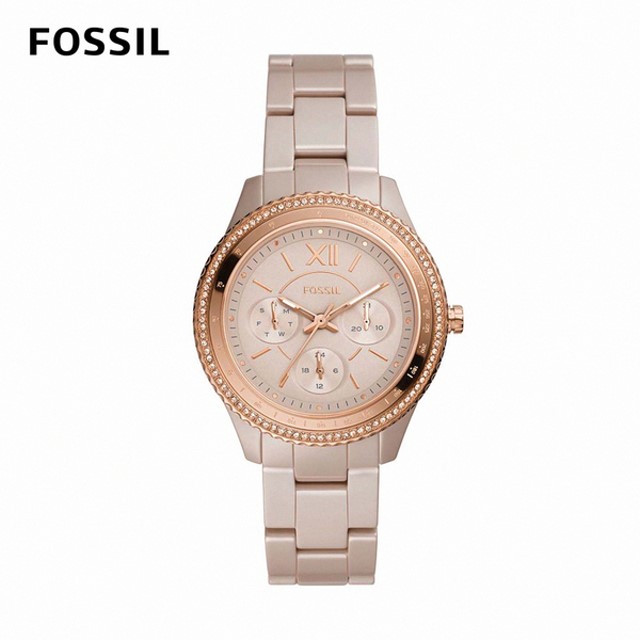 【FOSSIL】Stella 晶鑽錶圈三眼女錶 焦糖色陶瓷錶帶38MM/CE1112