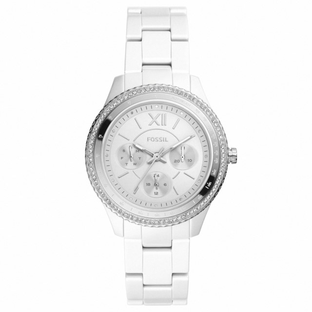 【FOSSIL】Stella 晶鑽錶圈三眼女錶白陶瓷錶帶38MM/CE1113