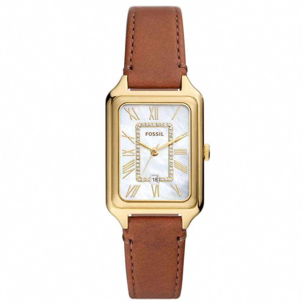 【FOSSIL】公司貨 方形羅馬優雅皮革腕錶/棕x白麵 女錶(ES5307)