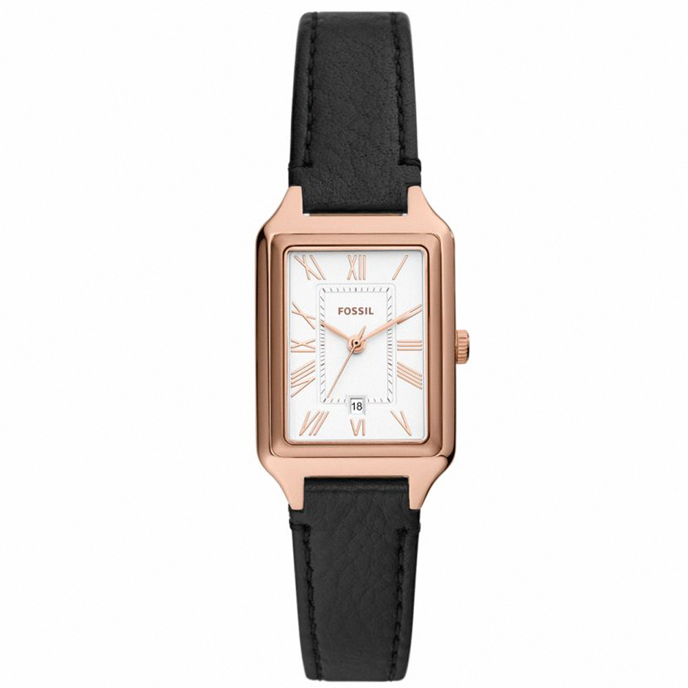 【FOSSIL】公司貨 方形羅馬時尚皮革腕錶/黑x白麵 女錶(ES5310)