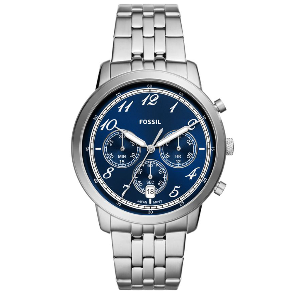 【FOSSIL】公司貨 Neutra 潮流魅力三眼計時不鏽鋼腕錶/銀x藍面 男錶(FS6025)