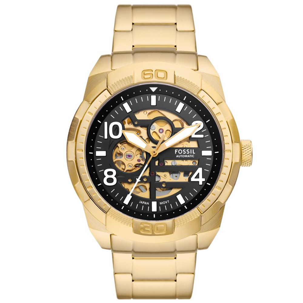 【FOSSIL】公司貨 Bronson 黑金光影鏤空機械不鏽鋼腕錶/金x黑面 男錶(ME3257)