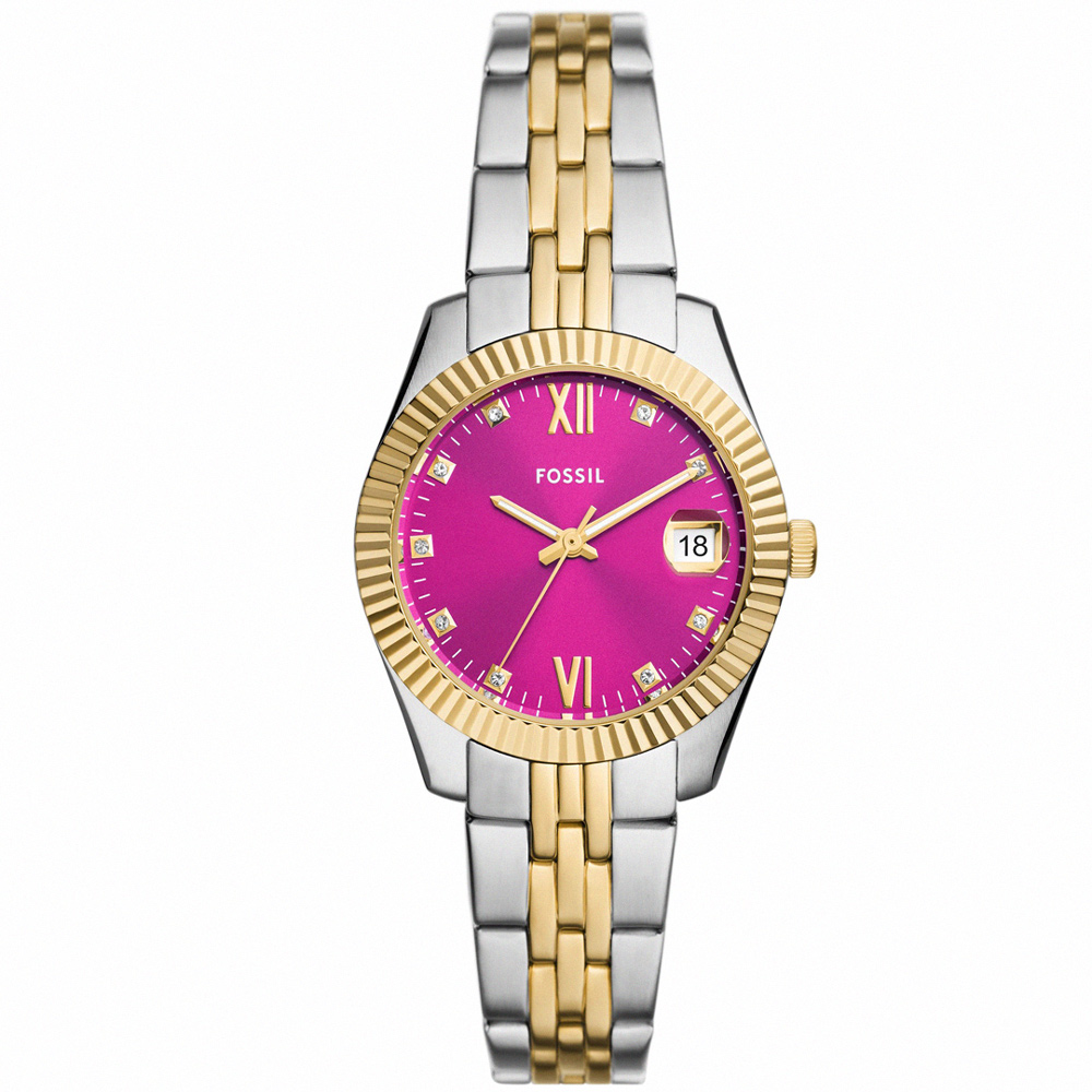 【FOSSIL】公司貨 Scarlette 亮麗耀眼雙色不鏽鋼腕錶/銀x桃紅面 女錶(ES5337)