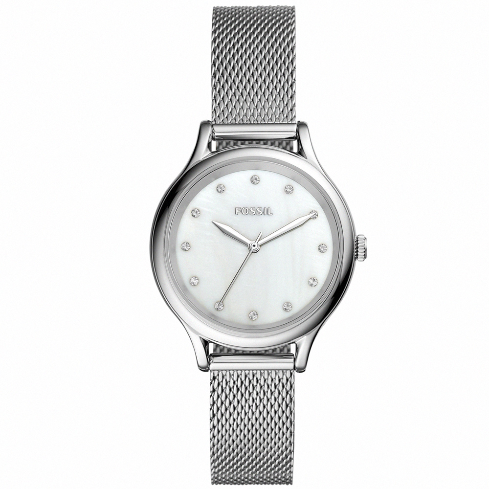 【FOSSIL】公司貨 Laney 成熟浪漫不鏽鋼米蘭腕錶/銀x珍珠母貝面 女錶(BQ3390)