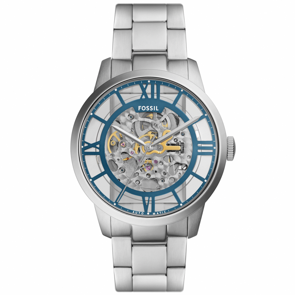 【FOSSIL】公司貨 Townsman 潮流先鋒鏤空機械不鏽鋼腕錶/銀x藍刻度 男錶(ME3260)