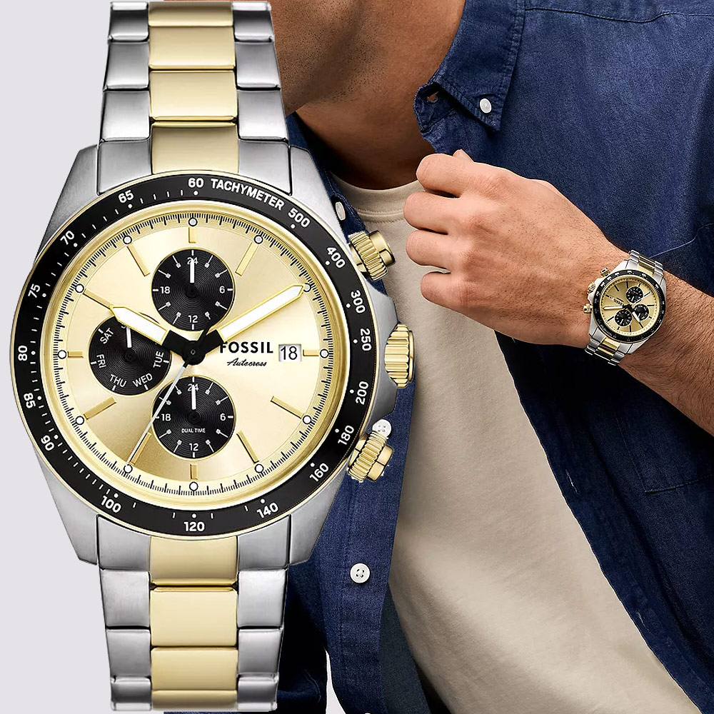 FOSSIL Autocross 三眼計時多功能手錶-銀x金/42mm BQ2876