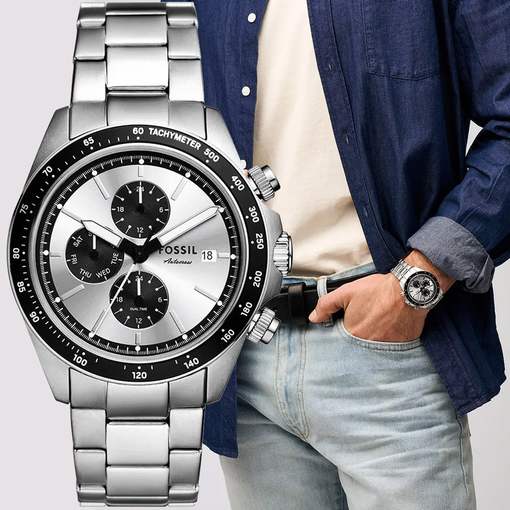FOSSIL Autocross 三眼計時多功能手錶-銀x黑/42mm BQ2873