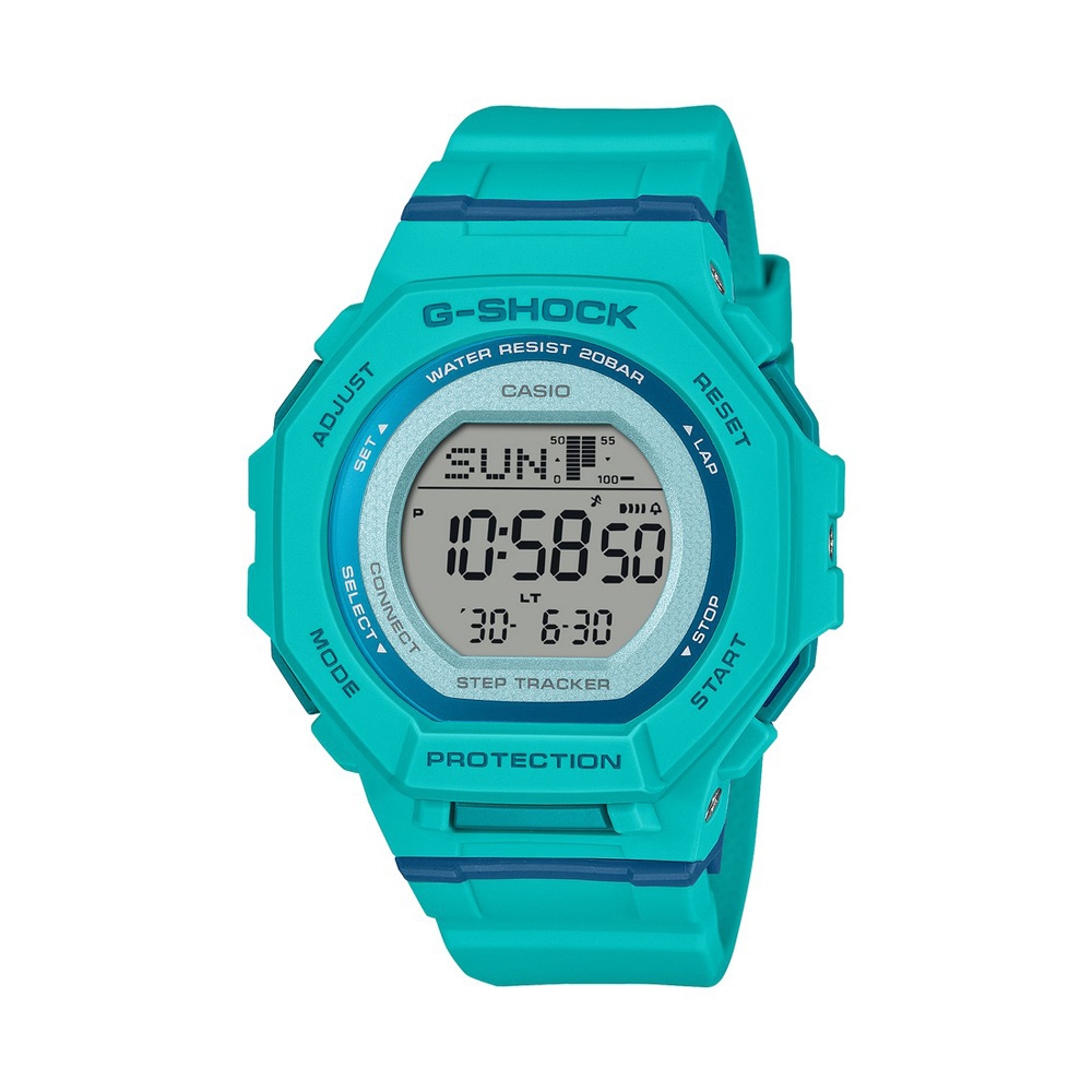 【CASIO 卡西歐】G-SHOCK 藍芽 跑步訓練 活力時尚 亮藍綠 纖薄舒適 運動系列 GMD-B300SC-2 43.8mm