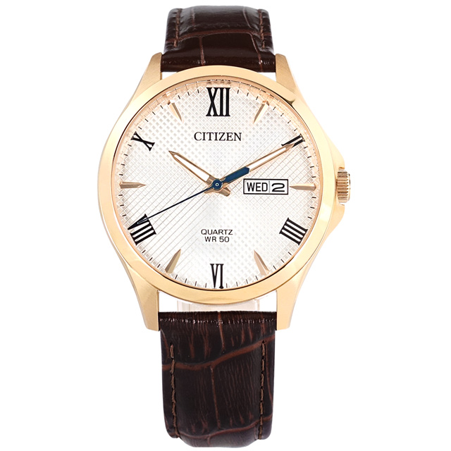 CITIZEN / BF2023-01A / 簡約紳士 星期日期 真皮壓紋手錶 白x玫瑰金框x紅褐 41mm