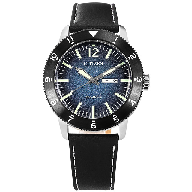 CITIZEN / AW0077-19L / 光動能 潛水風 星期日期 防水100米 小牛皮手錶 藍x銀框x黑 44mm