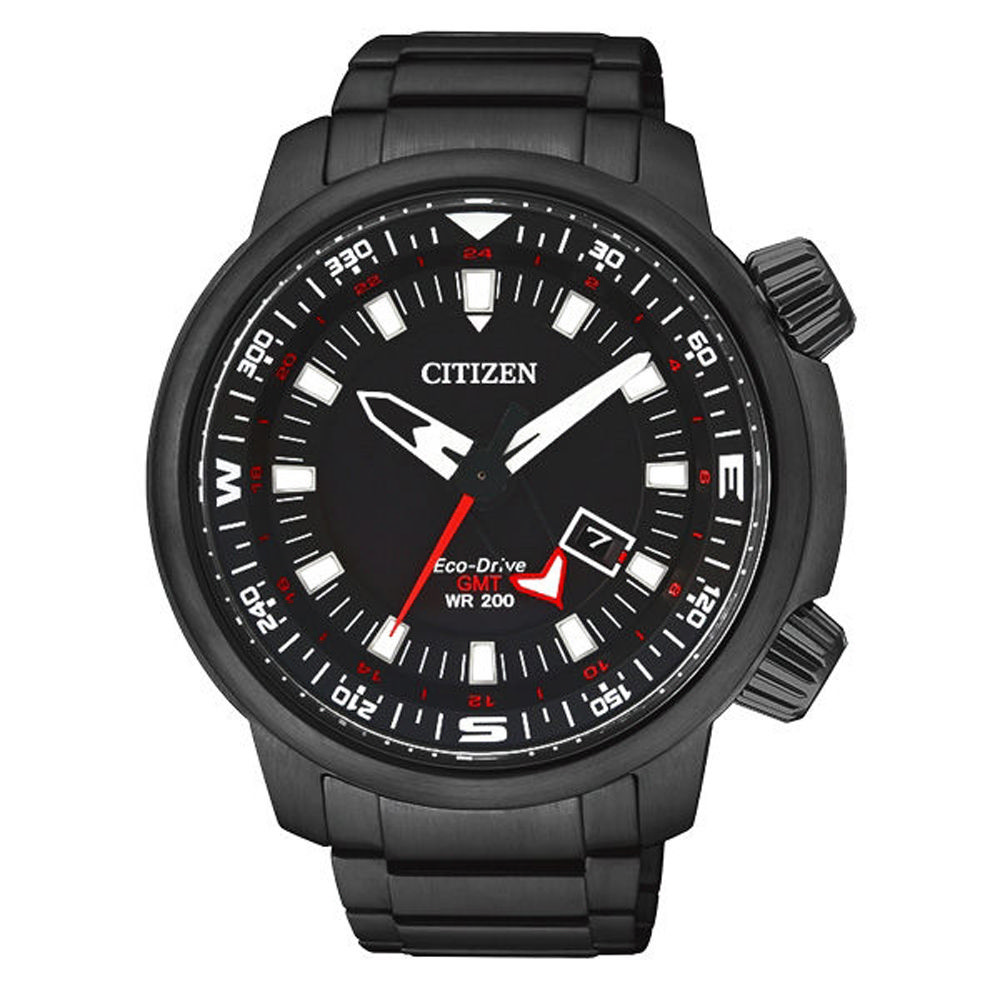 CITIZEN Eco-Drive 雙層霸氣日期顯示腕錶-黑