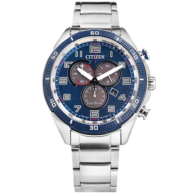 CITIZEN / AT2440-51L / 光動能 三眼計時 日期 防水100米 不鏽鋼手錶 藍色 46mm