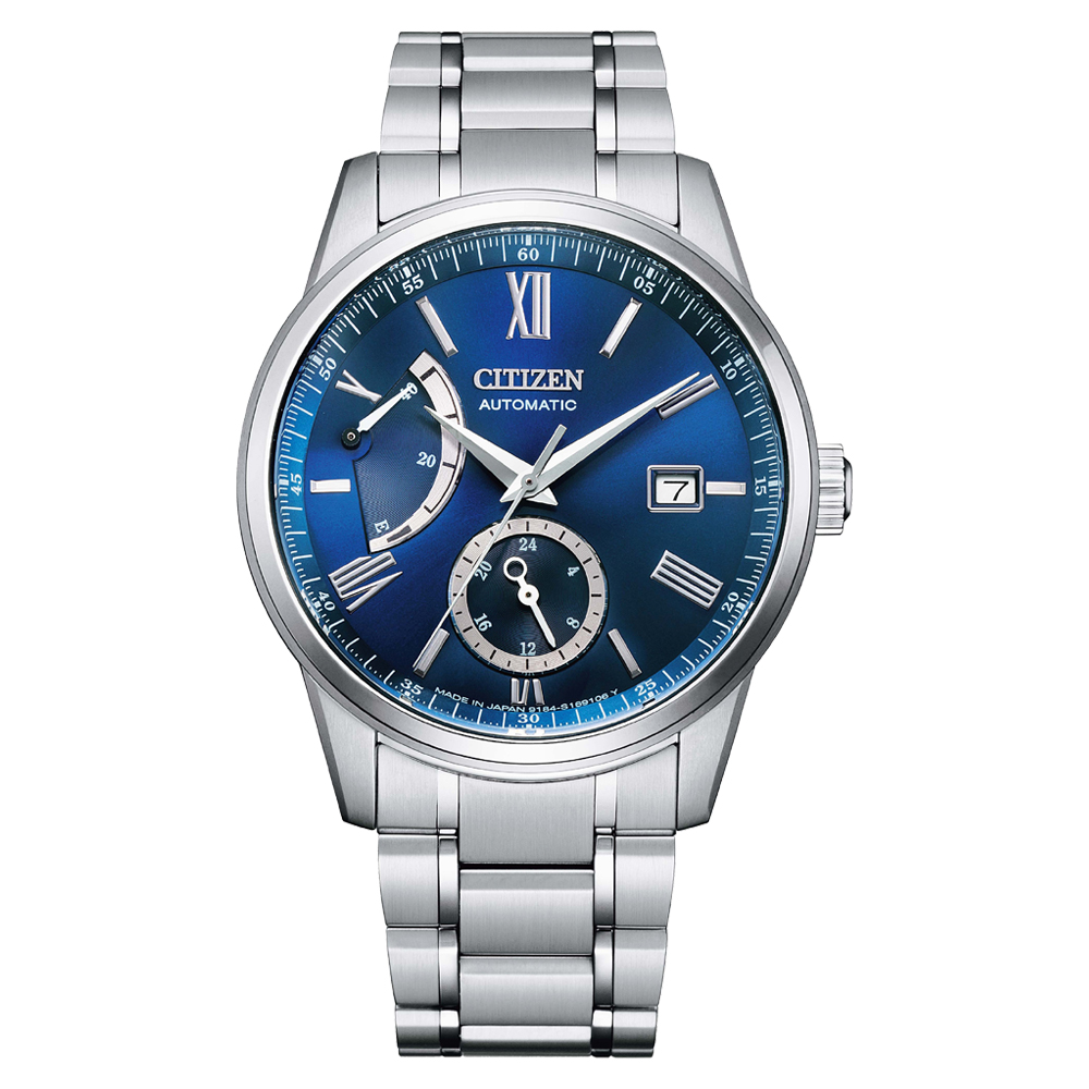 CITIZEN Mechanical 正能量動力儲存機械紳士腕錶-銀X藍