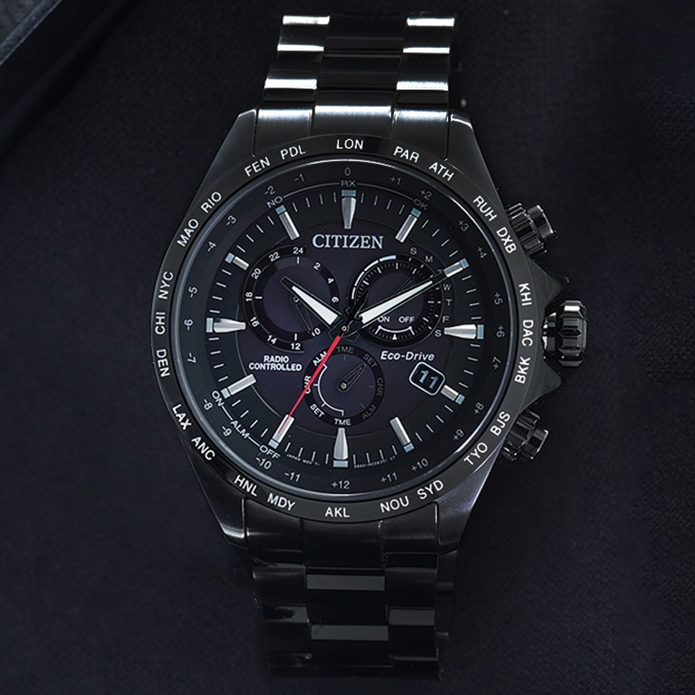 CITIZEN星辰 GENTS系列 光動能電波三眼計時腕錶 45mm/CB5835-83E