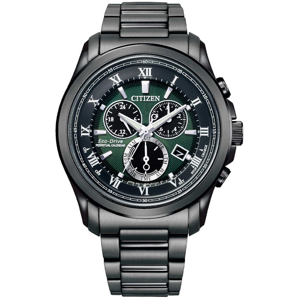 CITIZEN 星辰 亞洲限定光動能羅馬紳士萬年曆計時男錶-綠x黑/43mm(BL5547-89X)