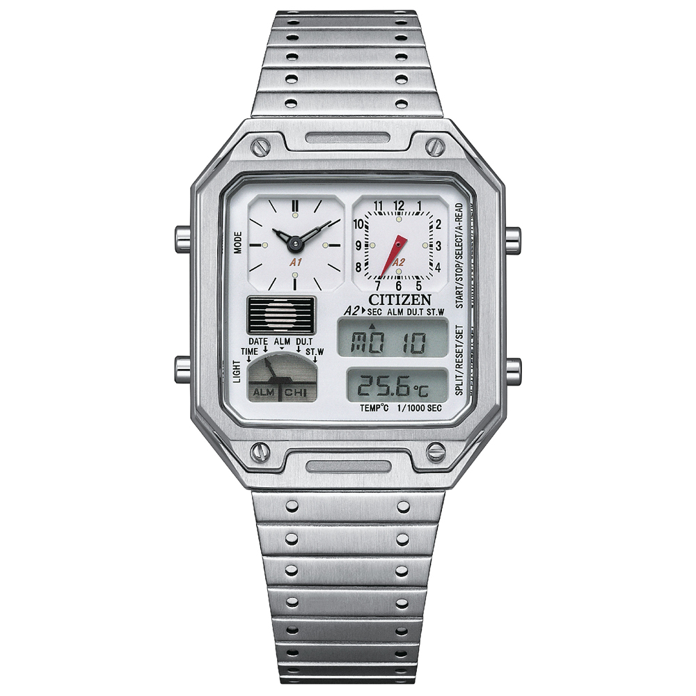 CITIZEN 星辰 80年代復古ANA-DIGI電子錶-白x銀/33.4x45.4mm(JG2120-65A)