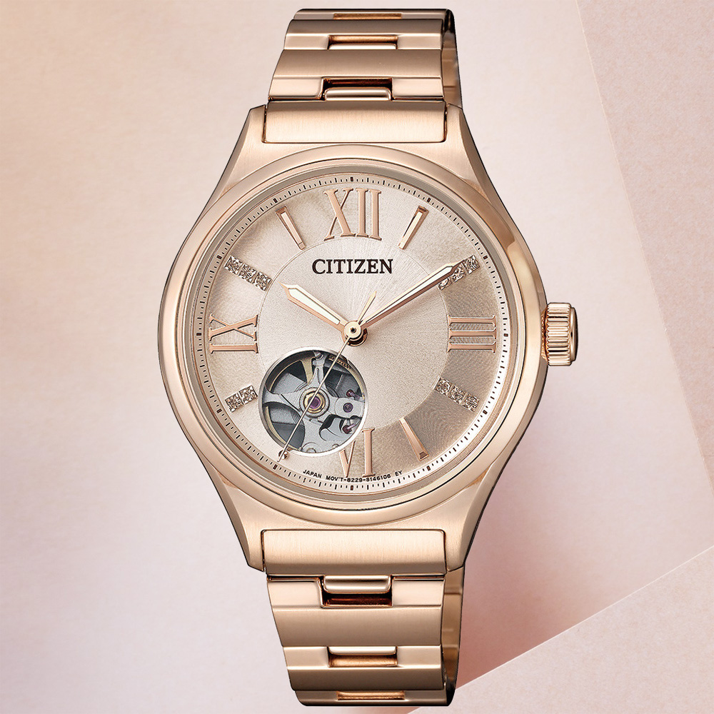 CITIZEN星辰 LADYS系列 晶鑽羅馬開芯機械腕錶 34mm/PC1003-58X