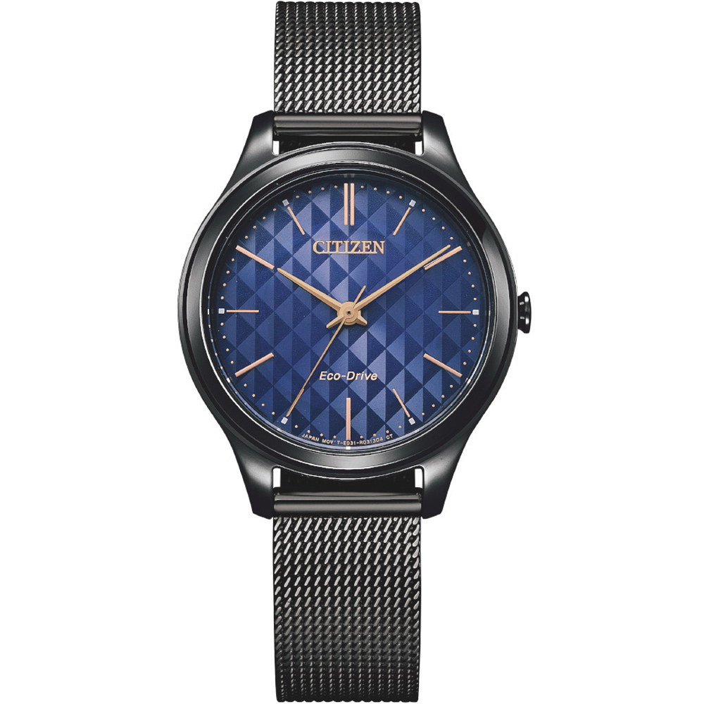 CITIZEN 星辰 亞洲限定款 氣質優雅極簡光動能不鏽鋼米蘭帶腕錶/黑x藍面 EM0505-88L