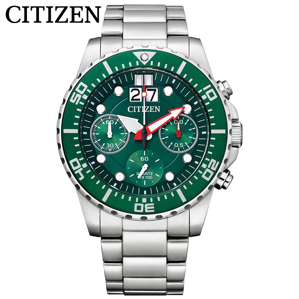 【CITIZEN 星辰】三眼計時石英時尚不鏽鋼綠面腕錶(AI7009-89X)