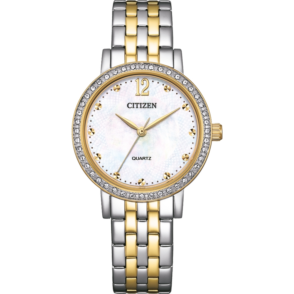 CITIZEN 星辰 LADYS 輕奢水晶鑽白蝶貝玫瑰金淑女石英錶EL3104-54D