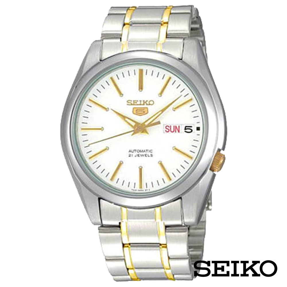 SEIKO精工 半金經典5號自動上鍊機械腕錶-白+金x37mm SNKL47J1