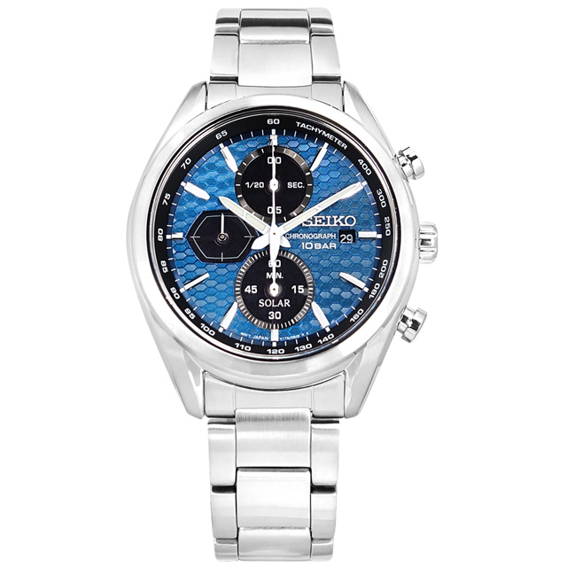 SEIKO 精工 / V176-0BH0B / 太陽能 三眼計時 日期 防水100米 不鏽鋼手錶 藍色 41mm