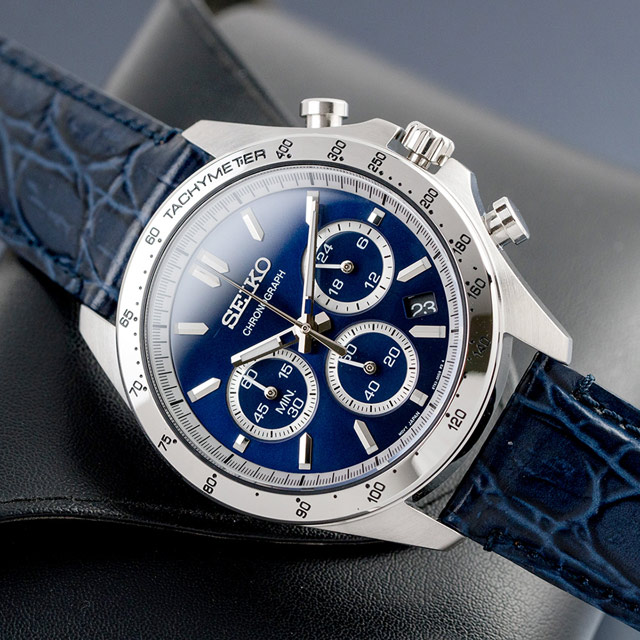 【SEIKO精工】貴族風範三眼計時皮革腕錶/藍x銀框(SBTR019_JP)