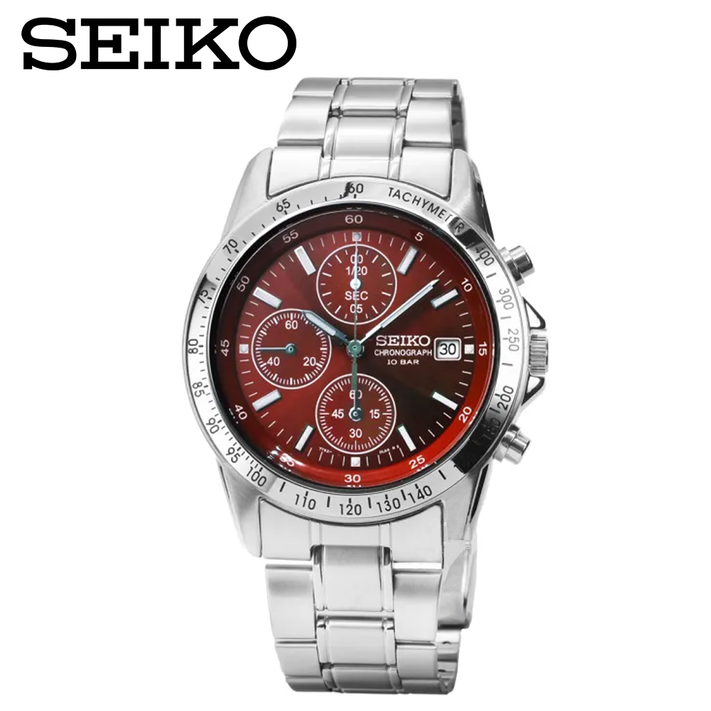 【SEIKO】三眼計時手錶-酒紅色面X銀色/38mm(SBTQ045)