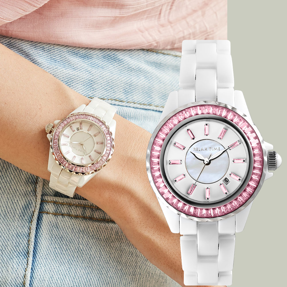 RELAX TIME 經典陶瓷系列水晶手錶-粉色 RT-93-2