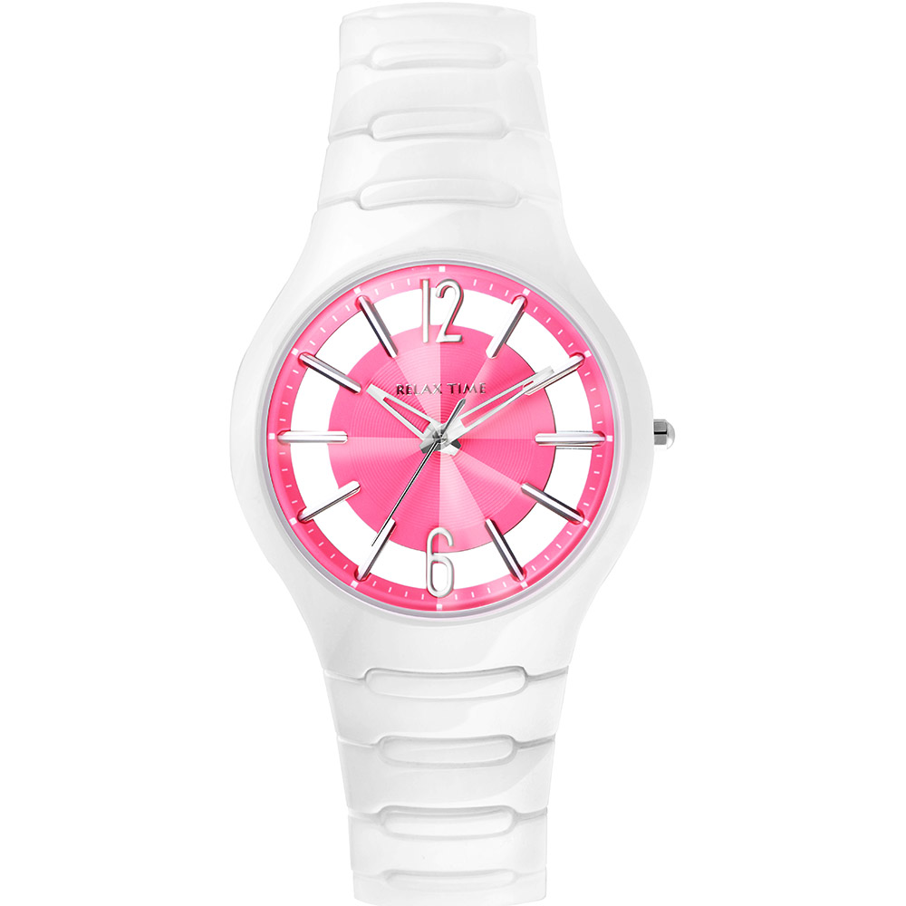 RELAX TIME RT26 鏤空陶瓷腕錶-粉紅x白/37mm (RT-26-50)