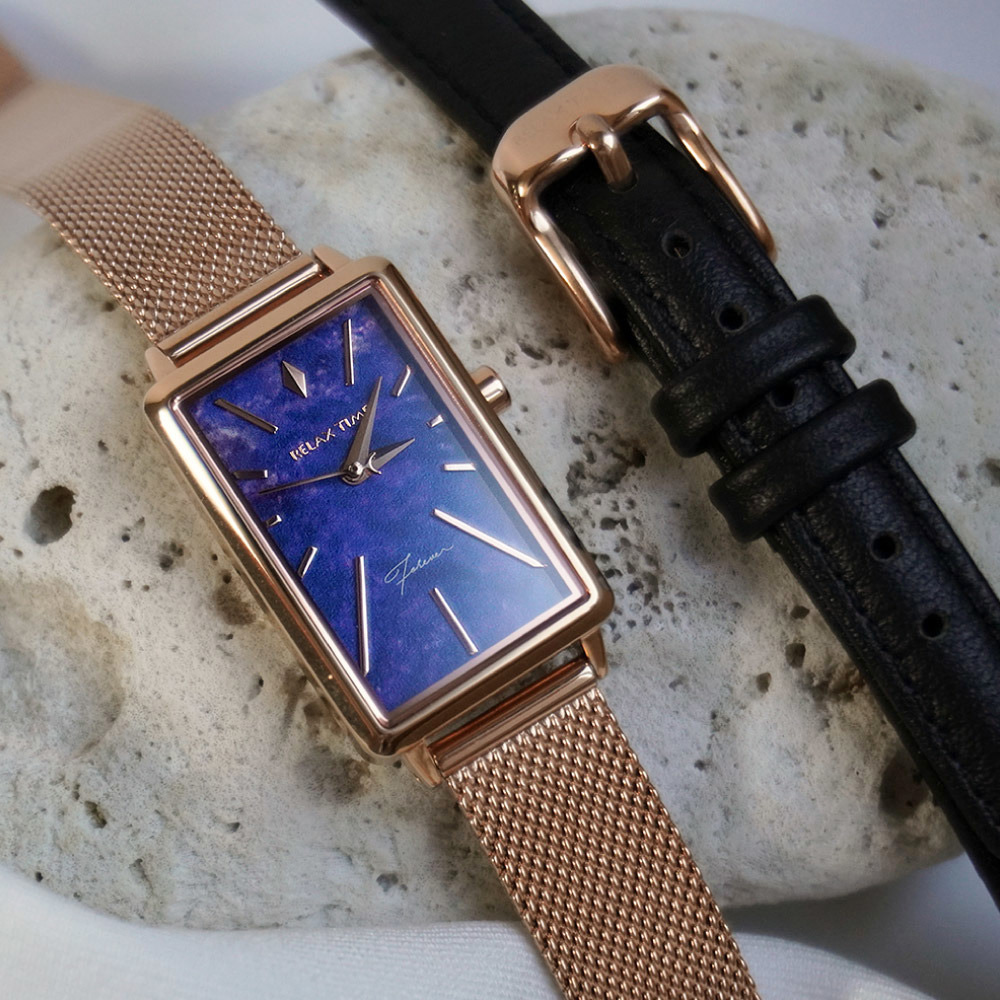 RELAX TIME 璀璨雋永系列 深藍 青金石紋米蘭帶手錶 加贈真皮錶帶(RT-99-6)