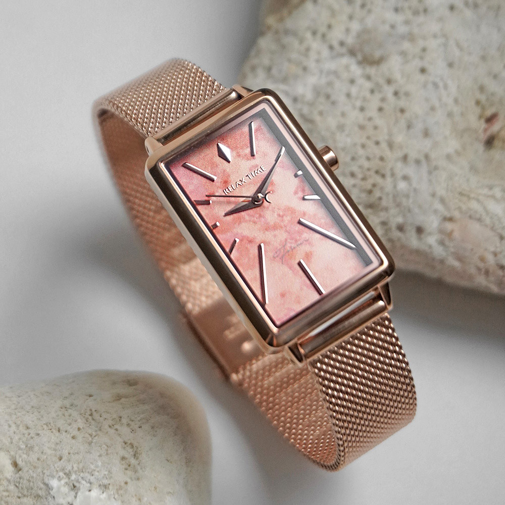 RELAX TIME 璀璨雋永系列 玫瑰石紋米蘭帶手錶 加贈真皮錶帶(RT-99-2)