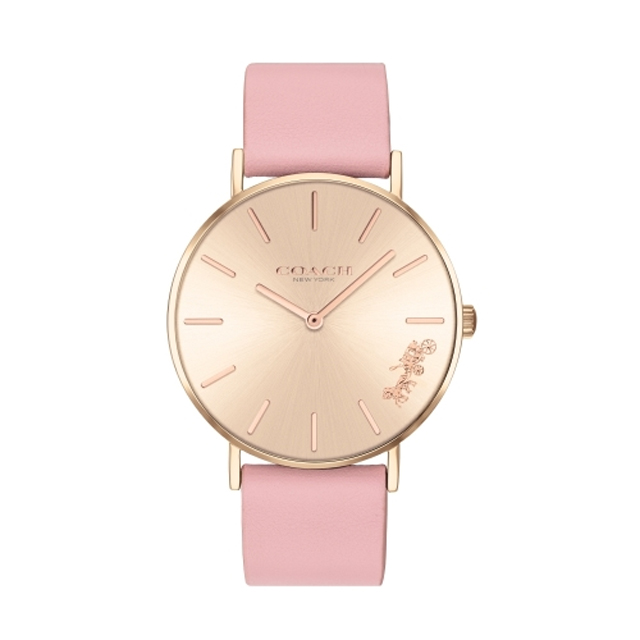 COACH 經典玫瑰金粉色皮帶腕錶36mm(14503332)