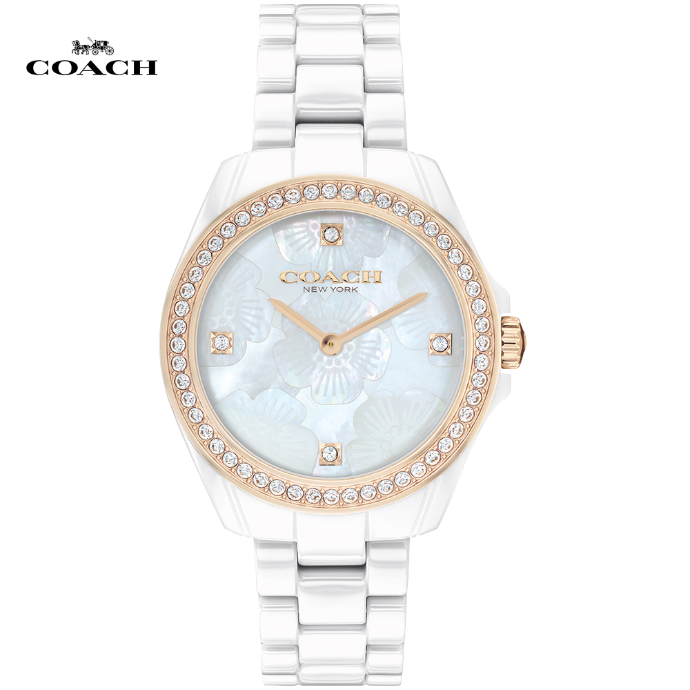 COACH 茶花款奢華晶鑽陶瓷腕錶/白/32mm/CO14503662