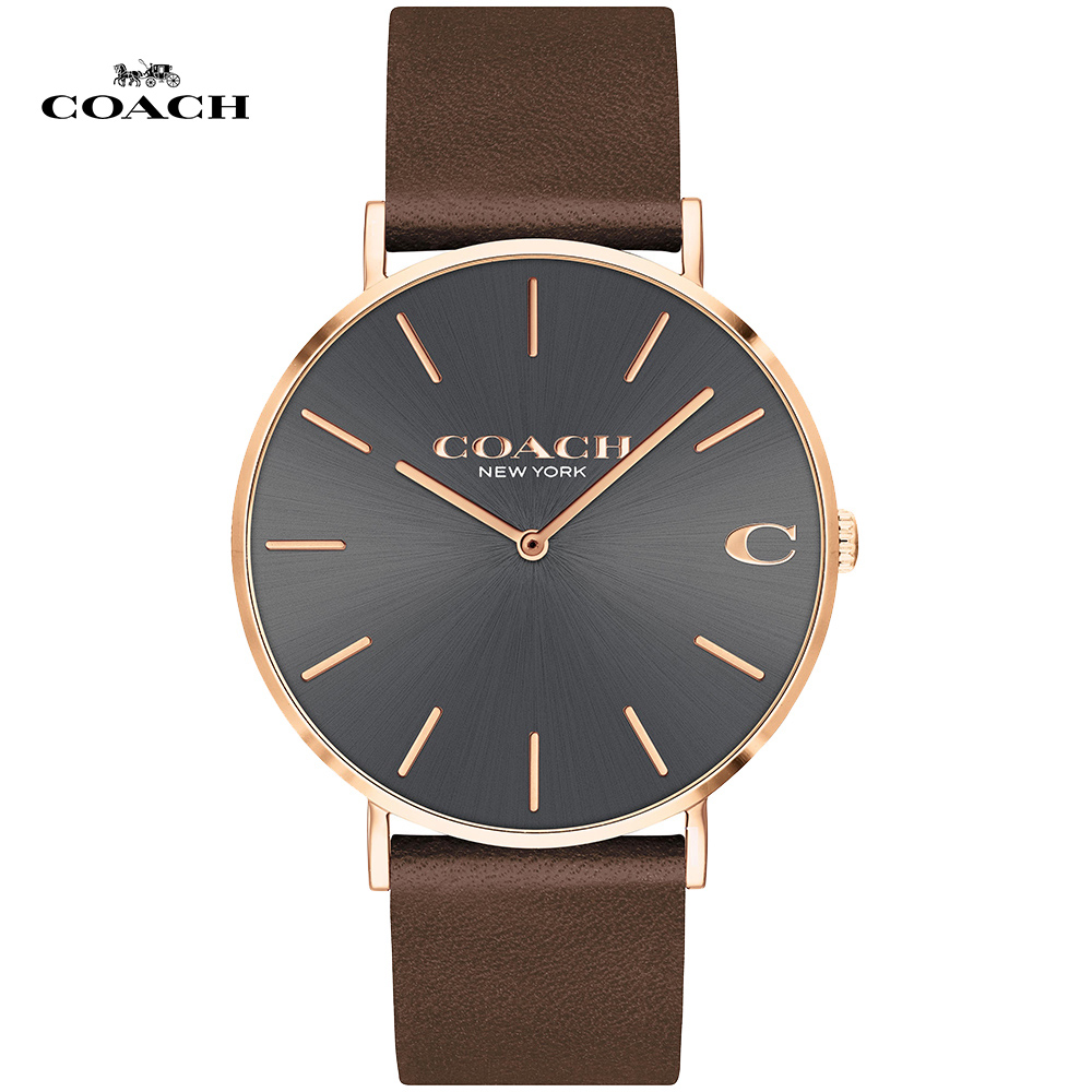 COACH 經典Logo C 時尚腕錶/灰x咖啡/41mm/CO14602549