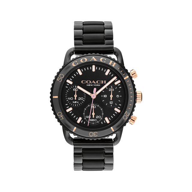 【Coach】CRUISER陶瓷錶圈三眼計時鋼帶腕錶-奢華黑/CO14504049